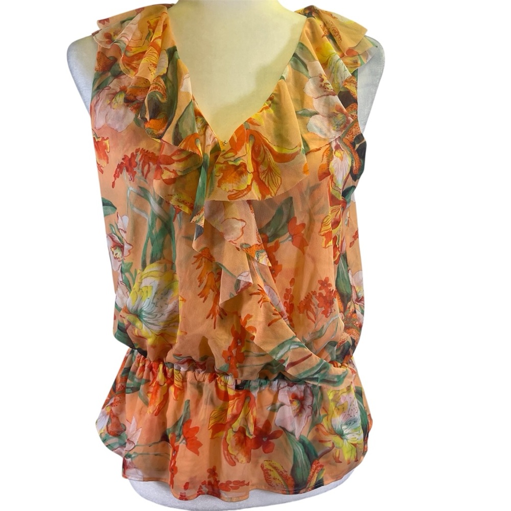 WHBM Tropical Floral V-Neck Sleeveless Blouse w/ Ruffle Peplum Hem Sz M - Picture 3 of 7
